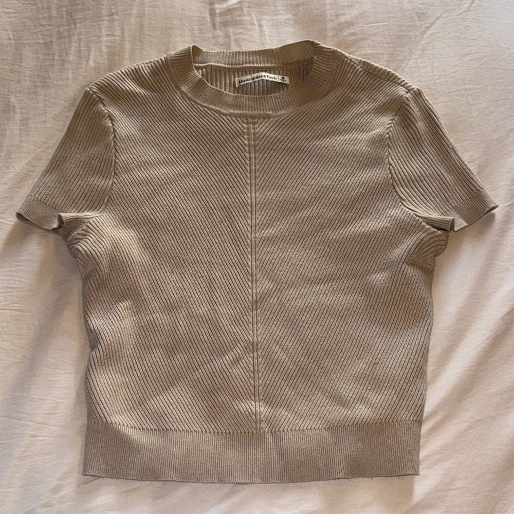 Tan Ribbed Short Sleeve Sweater